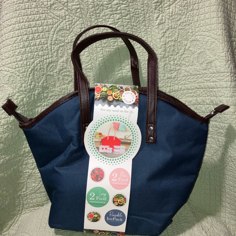 Eco One Tote Bag with Brown Handles - Insulated Lunch kit navy blue